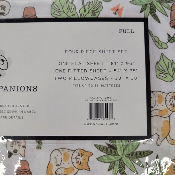 Cats Plants 4pc FULL Sheet Set Calico Orange Tabby Fern Aloe Monstera Succulents - Picture 5 of 9